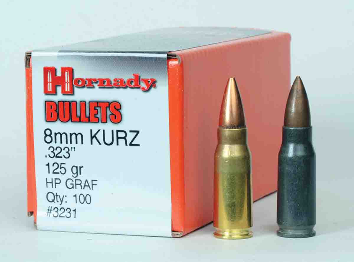 Hornady made a special run of bullets and factory ammunition for Graf & Sons. At left is a handloaded round with a post-war  East German round at right.